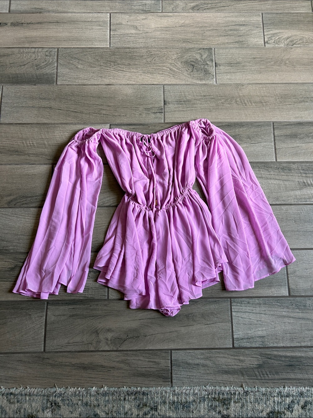 Off-Shoulder Lavender Romper with Billowy Sleeves
